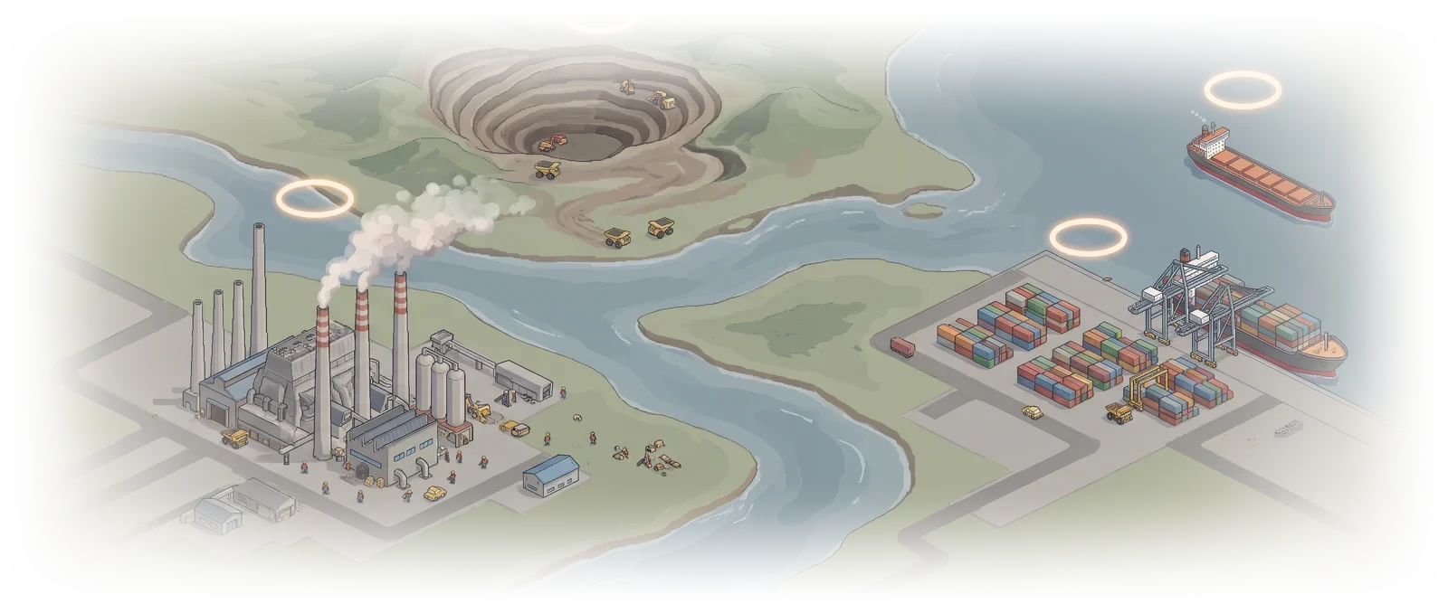 A landscape of mines, smelters, grain barges and ports, each watched over by a small marker